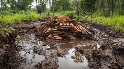 Obraz premium Piles of bricks in a muddy wetland landscape with a stream of water surrounded by lush greenery and trees in the background.