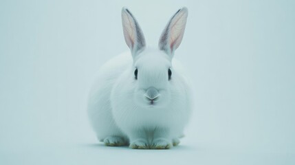 Fototapeta premium Adorable large white rabbit on white background looking at camera showcasing the charm of domestic pets in a minimalistic setting