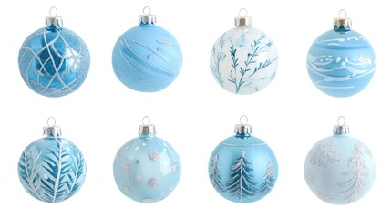 Light blue Christmas ornaments with various designs isolated on a white background for winter holiday and New Year celebrations