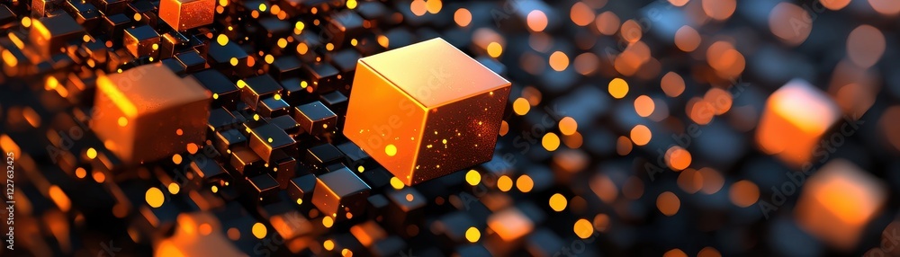 Poster a vibrant abstract image featuring floating orange cubes against a dark background filled with glowi