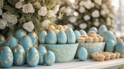 Obraz premium A picturesque stall in blue and gold at the Easter fair, displaying handmade decorations, fresh flowers and traditional treats