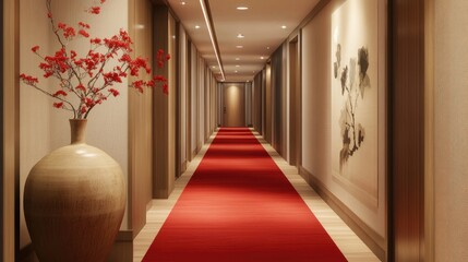 Elegant hallway interior design showcasing a narrow space adorned with a vibrant red carpet and decorative elements for a luxurious ambiance.