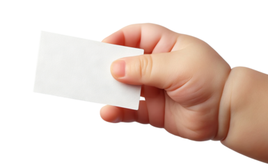 Baby's hand holding a blank card, isolated on transparent cutout background