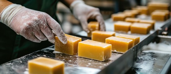 Brewery worker engaged in herbal soap bar production on assembly line with copy space for text showcasing artisanal soap making process