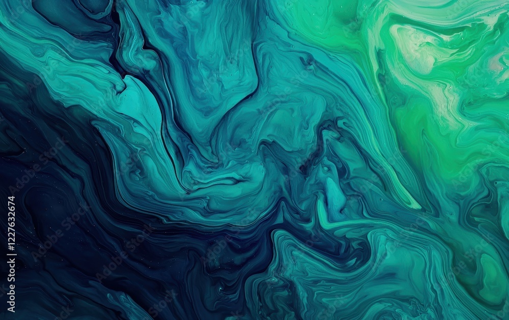 Poster a vibrant abstract design featuring swirling shades of teal and green, creating a fluid, dynamic pat