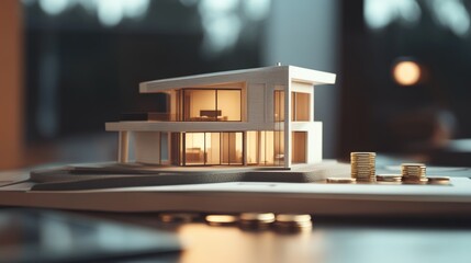 Modern house model with coins on desk symbolizing real estate investment and financial strategy in an elegant contemporary setting