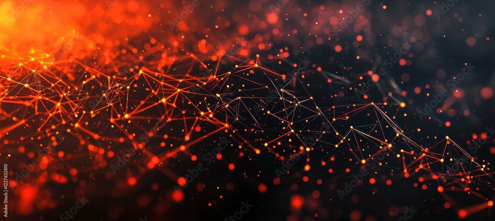 Poster a vibrant abstract background featuring glowing orange and red particles connected by intricate line