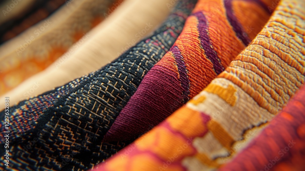Aufkleber vibrant close-up of richly textured fabrics showcasing intricate patterns and colors in a beautiful 