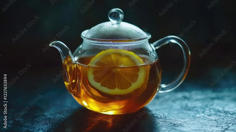Aufkleber elegant glass teapot with lemon slices and honey on dark background minimalist design with ample cop