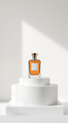 Photo of an elegant perfume bottle on a podium, showcasing refined features. Perfume bottle Mockup