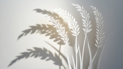 Intricate laser cut paper art of three rice stalks casting delicate shadows on a textured background