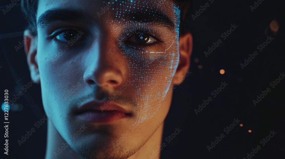 Poster ai facial recognition technology concept featuring human face and digital interface with space for t
