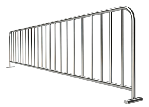 Metallic crowd control barrier with vertical bars, isolated on transparent cutout background