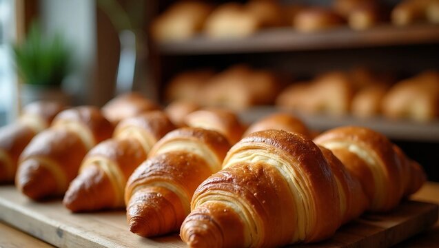 Golden, freshly baked croissants displayed in a bakery, their buttery layers and crisp texture enticing customers with a warm, inviting aroma.