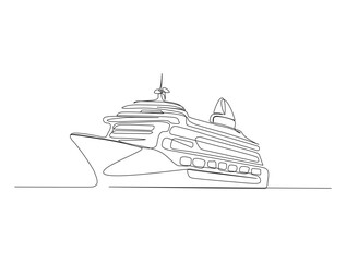 Continuous one line drawing of Cruise ship sailing in the sea. Cruise ship in single line draw illustration. Editable stroke.