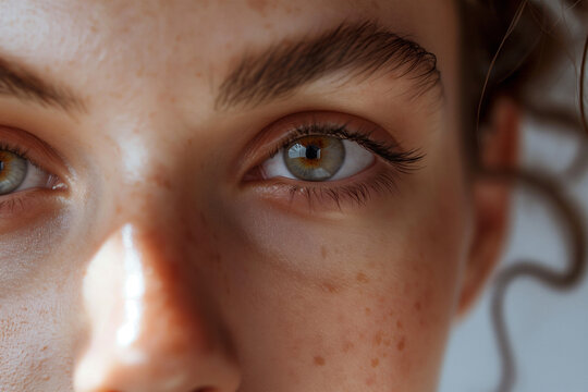 Fototapeta Female model with opened  eye showcasing eyebrows and eyelashes, elegant make-up cosmetic background.