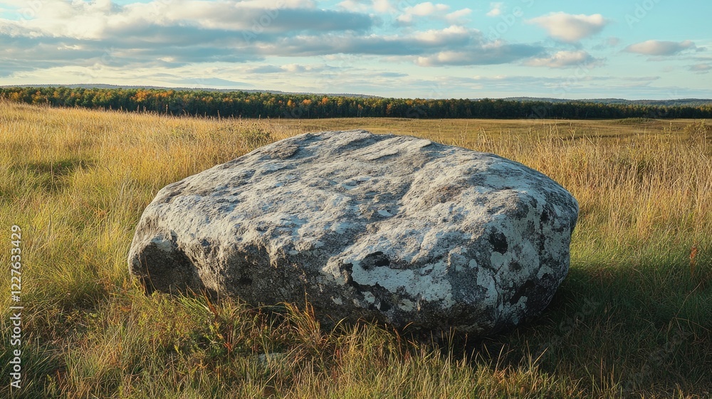 Poster large boulder surrounded by open grassland under a picturesque sky with scattered clouds and vibrant