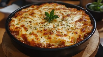 Delicious homemade lasagna topped with rich Bolognese sauce, melted cheese, and fresh oregano garnished with basil.