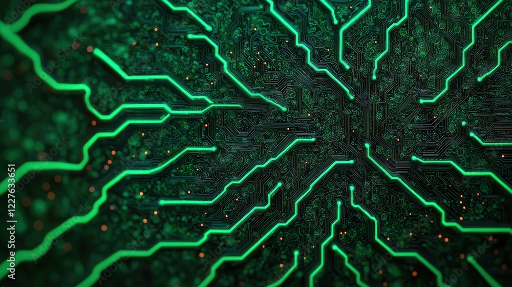 Poster a close-up of a green circuit board with intricate patterns, symbolizing technology and digital conn