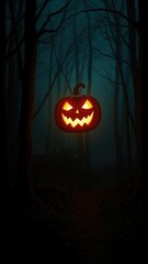 Glowing jack o lantern casting an eerie light in a dark, misty forest, enchanting, sinister, haunted