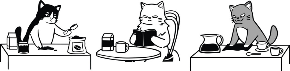 A collection of playful line art illustrations featuring funny cats engaging in various coffee shop activities, from brewing coffee to serving food, in a cozy cafe setting.