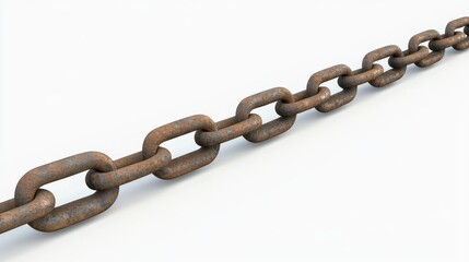 Obraz premium Rusty metal chain lying on a white surface, showcasing its texture and wear, ideal for industrial themes