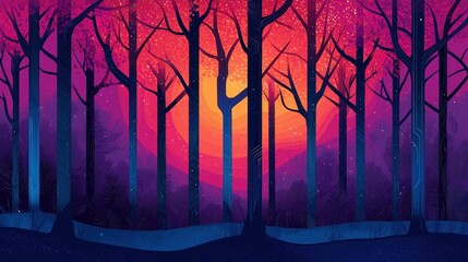 A vibrant sunset illuminates a mystical forest, with silhouetted trees against a backdrop of purple and orange hues.
