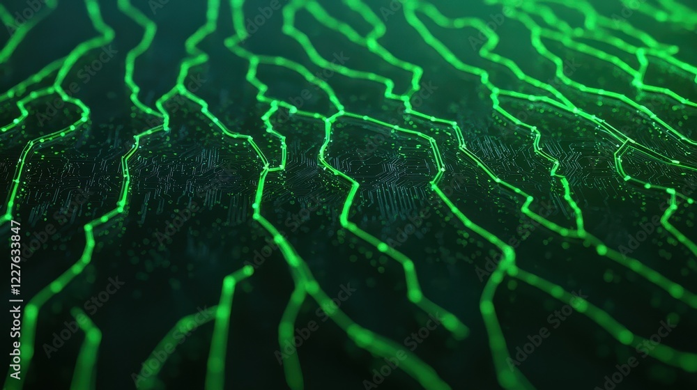 Poster a close-up image featuring intricate green lines on a dark background, suggesting a digital or abstr