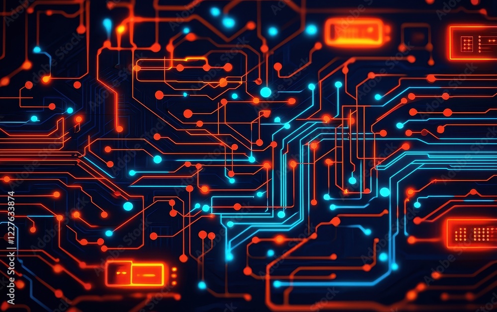 Poster abstract circuit board design with glowing blue and red lines, representing technology and digital c