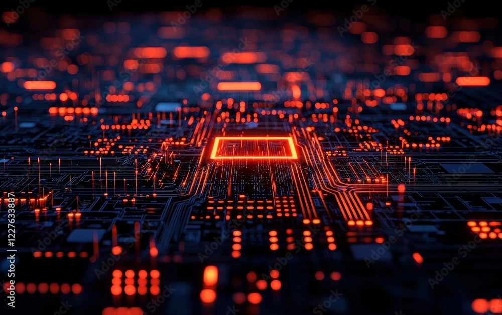 Poster a vibrant digital circuit board illuminated with glowing red lights, showcasing intricate patterns a