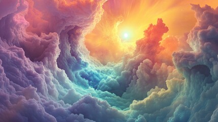 Vibrant fractal cloudscape with glowing orb and radiant colors evoking a surreal and celestial atmosphere in a dramatic sunset scene
