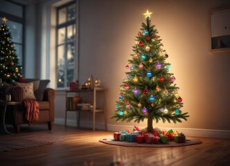 Glowing Christmas tree with LED lights and colorful ornaments, colorful ornaments, modern decor, magical ambiance