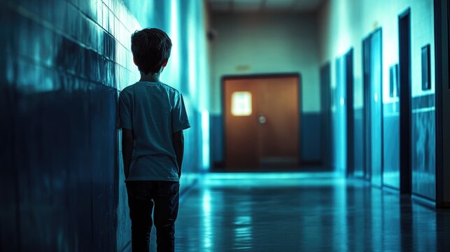 Lonely child in school hallway experiencing bullying and social isolation in a somber atmosphere.