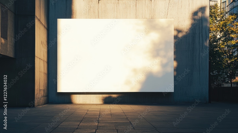 Poster white canvas illuminated by sunlight against a textured wall in an urban setting creating a minimali