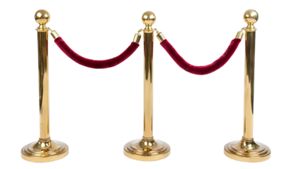 Red velvet rope barrier with golden stanchions, isolated on transparent cutout background
