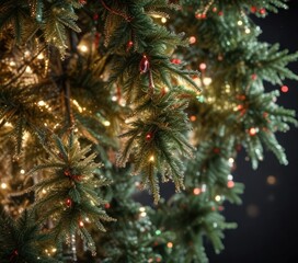 Obraz premium Glittering tinsel covered Christmas tree branches, sparkling tree, tree ornaments, glitz