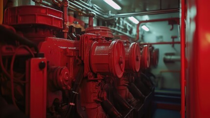 Red-lit engine room of a large trawler showcasing marine transportation machinery and intricate mechanical systems.