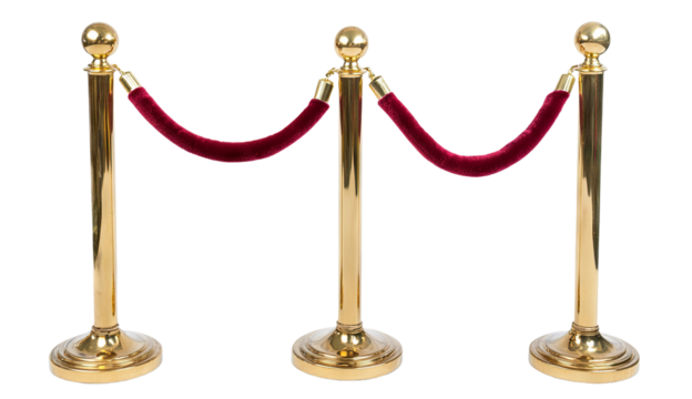 Red velvet rope barrier with golden stanchions, isolated on transparent cutout background