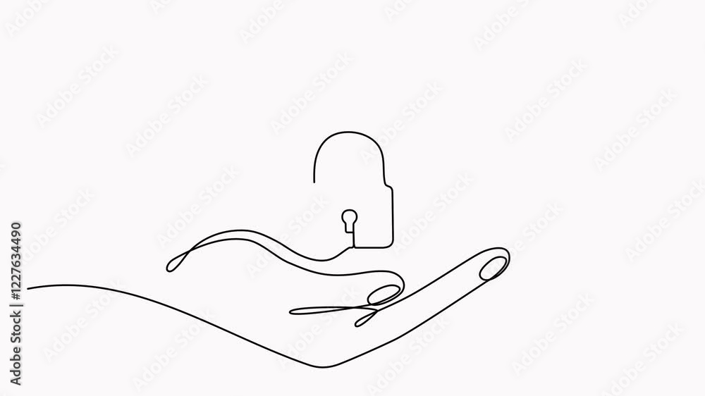 Poster hands hold closed padlock continuous line drawing animation. protect and security symbol in human ar