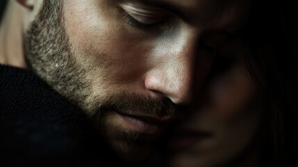Fototapeta premium Close-up of a loving couple sharing an intimate embrace showcasing affection and connection in soft lighting.