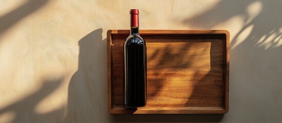 Jeroboam wine bottle elegantly positioned on a wooden tray with soft shadows and ample empty space for text or branding calls.