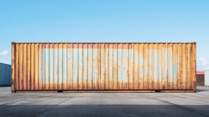 Rustic shipping container with ample negative space for customizable text and branding against a clear blue sky background.