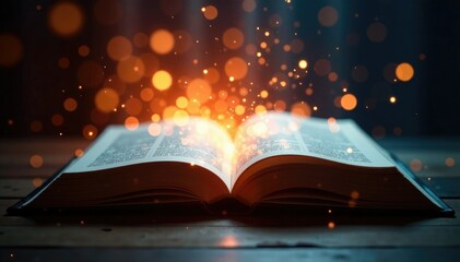 Glittering lights emanating from an open book's pages, radiance, shine, light