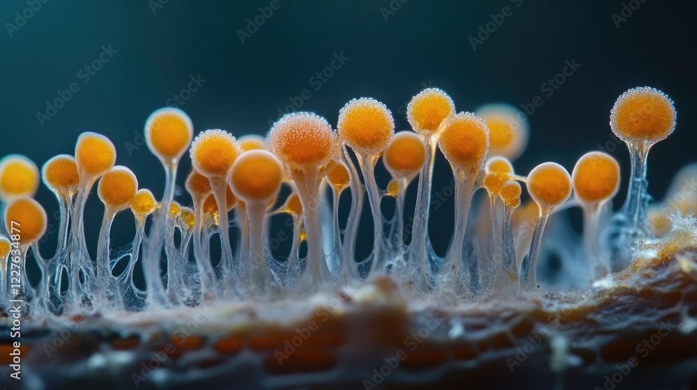 Poster vibrant macro shot of mycorrhizal fungi highlighting colorful structures and intricate details in a 