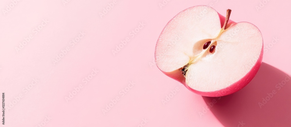 Poster isolated pink apple half on pink background highlighting flesh texture with space for text and desig