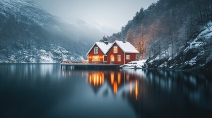 Fototapeta premium House and winter forest over lake with reflection covered by heavy snow.