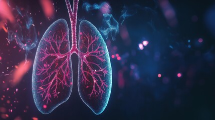 An abstract illustration of the human respiratory system with glowing lungs and airways set against a dark, ethereal background, Artistic style