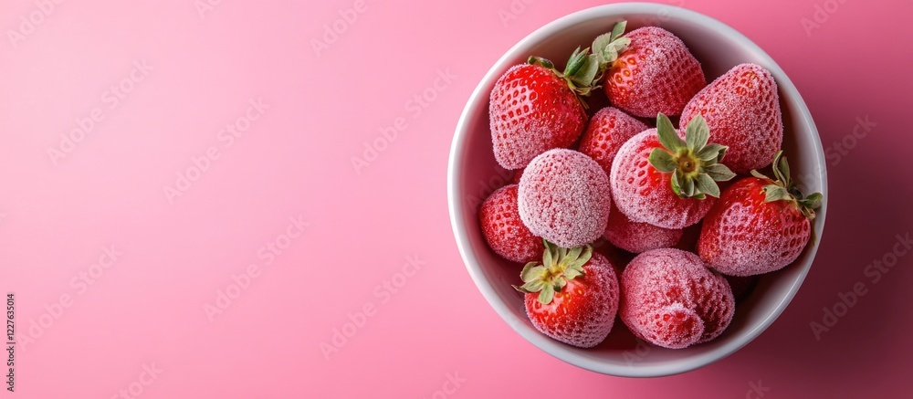 Poster bowl of frozen strawberries displaying vibrant colors and texture on a pink background with ample co