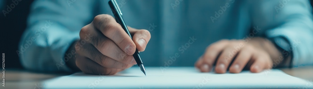 Poster a person is writing on a blank sheet of paper with a pen, focused on their task in a softly lit envi