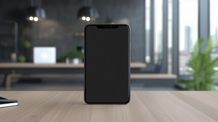A blank black phone screen propped up on a wooden desk with modern office supplies and a blurred laptop in the background, with copy space. Clean studio lighting.
